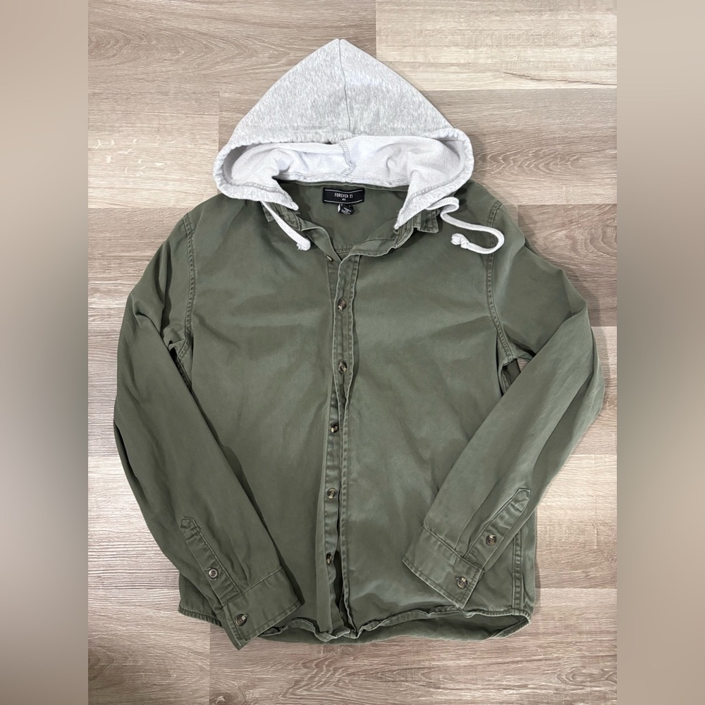 Forever 21  Olive Green Shirt Jacket with Gray Hood
